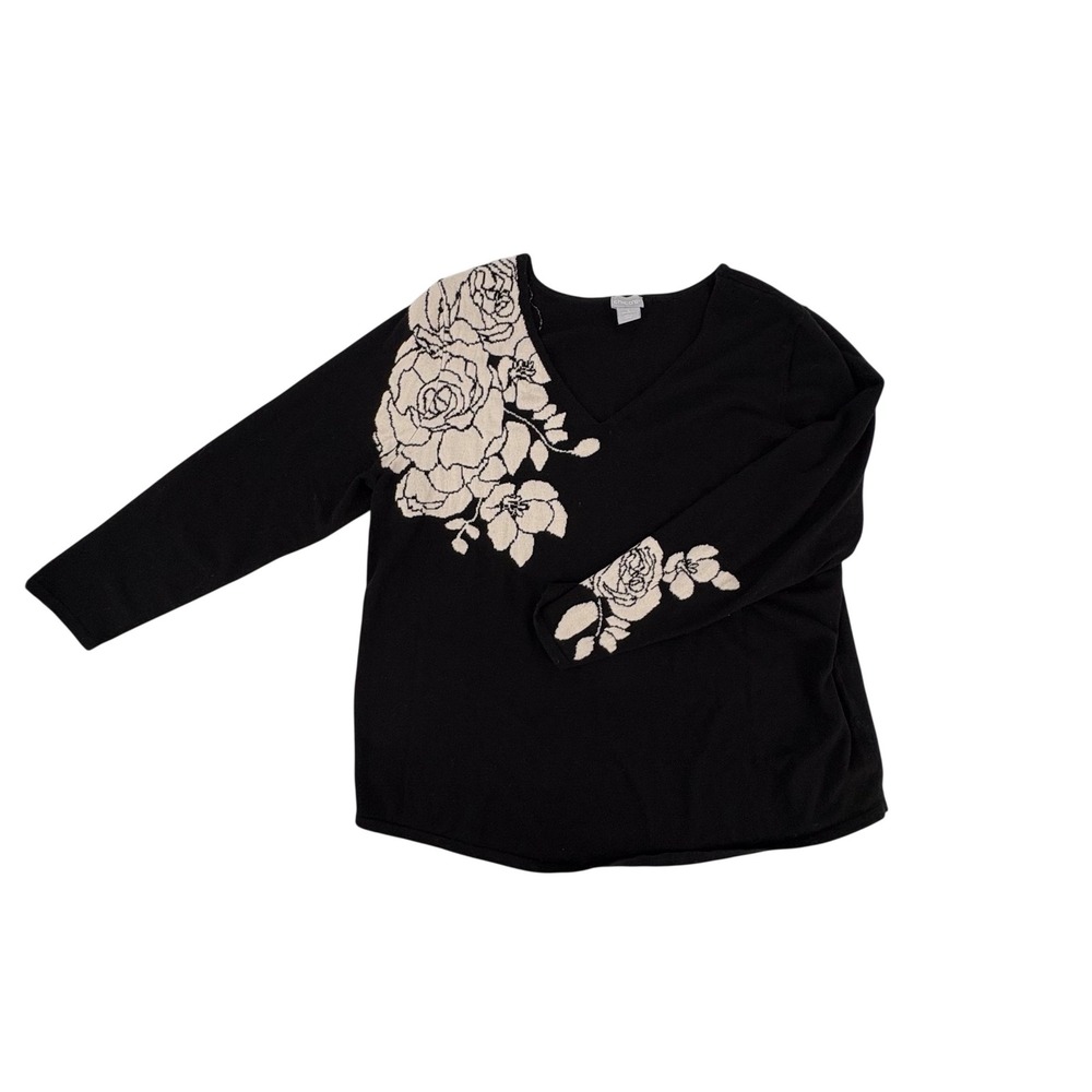 Chicos‎ Floral Intarsia V-Neck Sweater Black Cream Rayon Blend Womens Size 3 XL